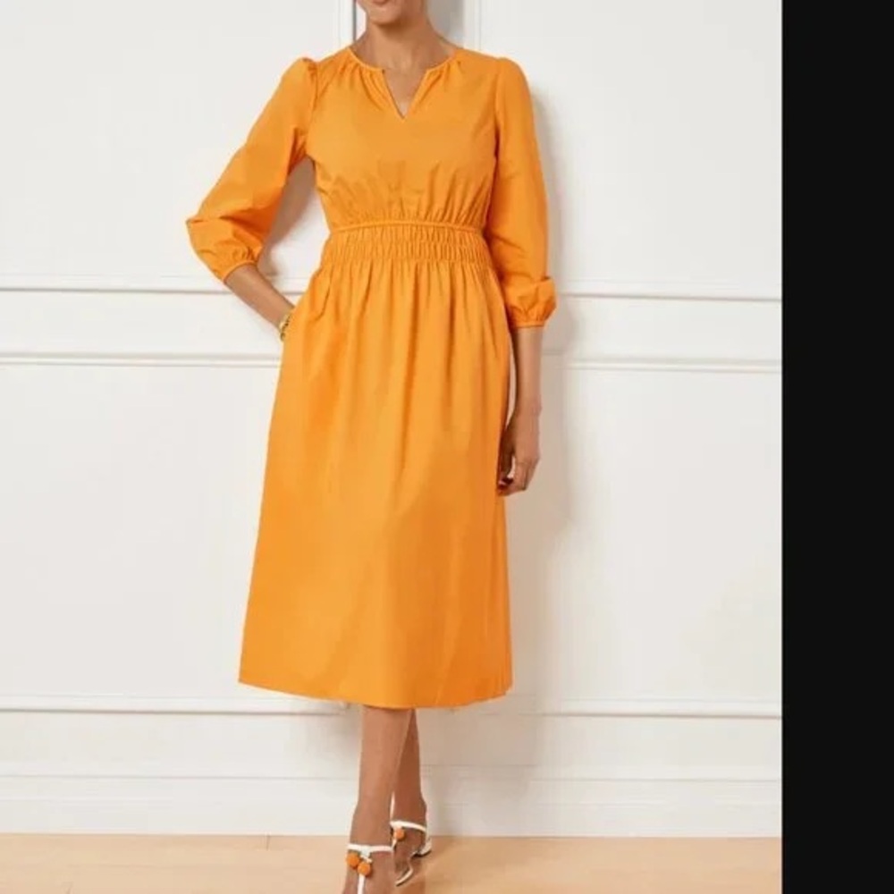 Talbots Smocked Waist Poplin Midi Dress Vibrant Marigold 3/4 Sleeve Dress Size 8